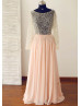 Peach Pink Chiffon Beading Sheer Prom Dress